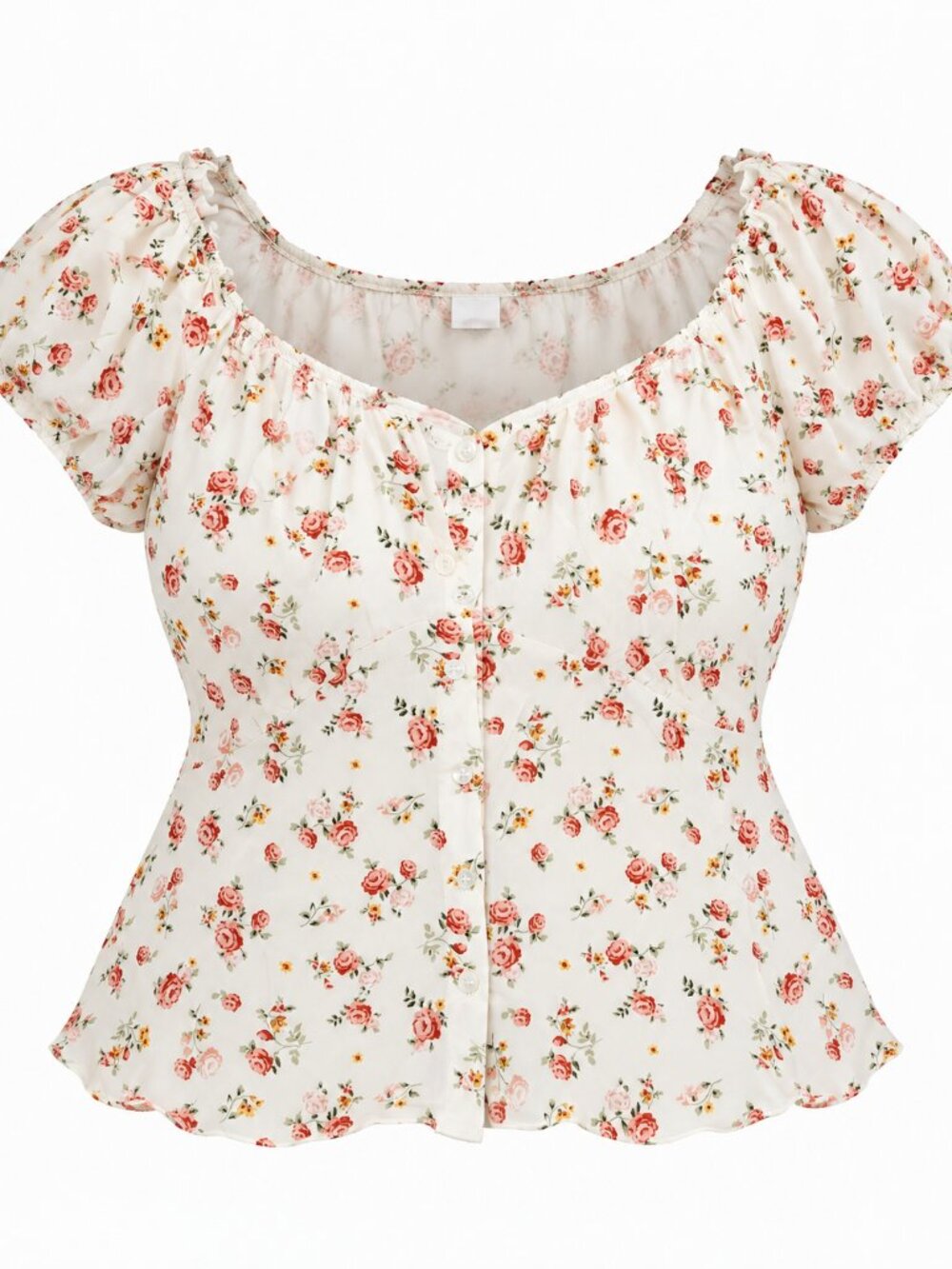 Romantic Floral Puff Sleeve Button Front Blouse XXL